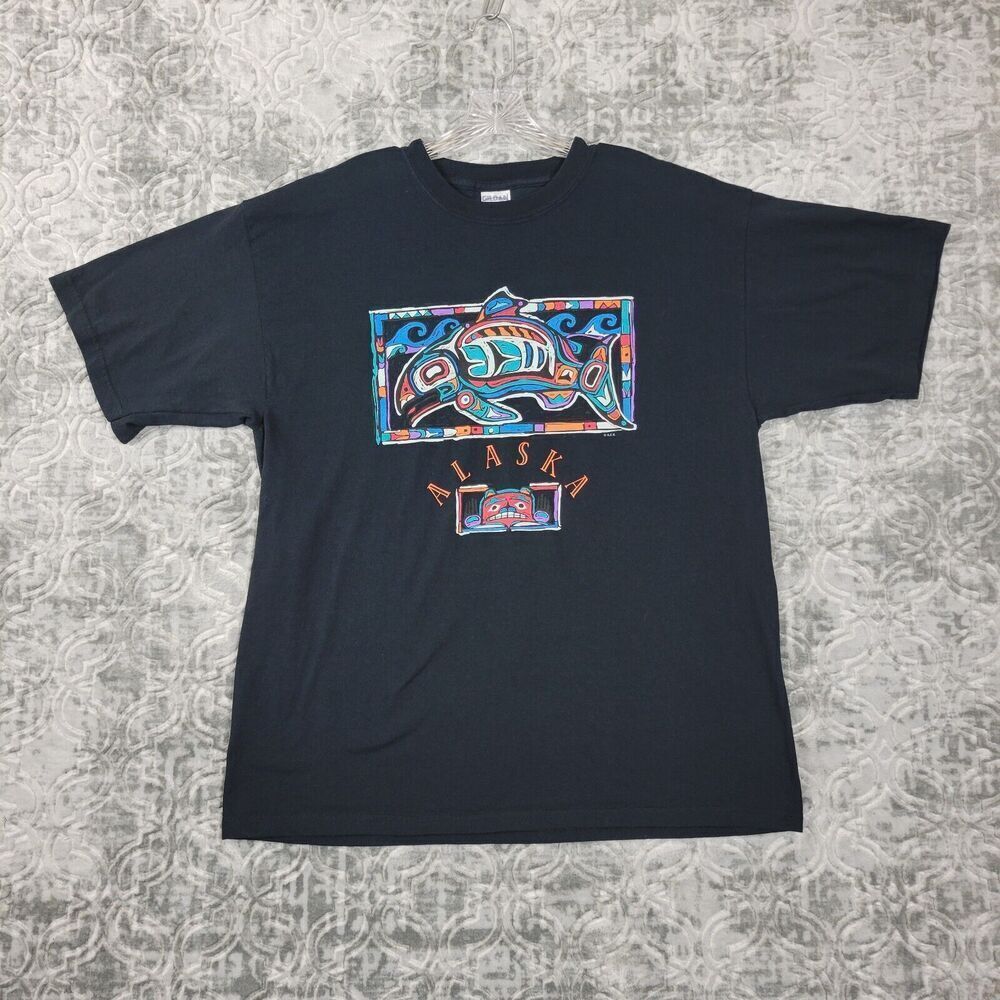 Alaska Salmon T Shirt Mens XL Extra Large Black Fishing Salmon Colorful